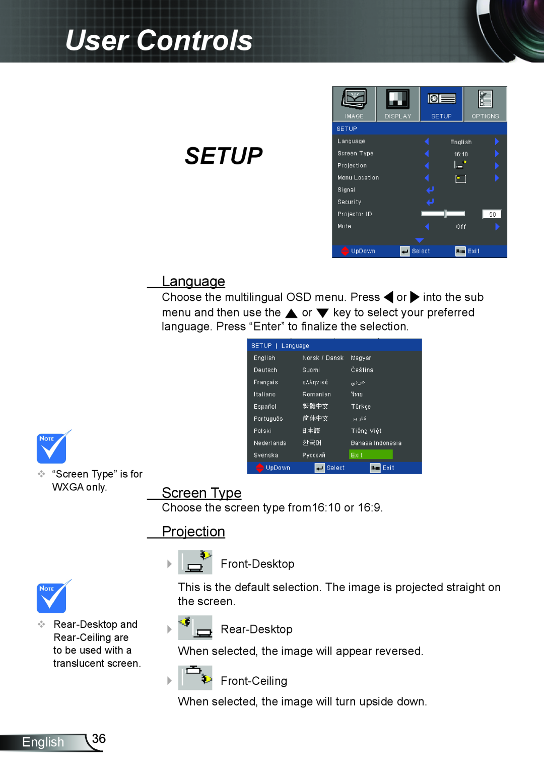 Optoma Technology TW695UT3D manual Setup, Language, Screen Type, Projection, User Controls, English 