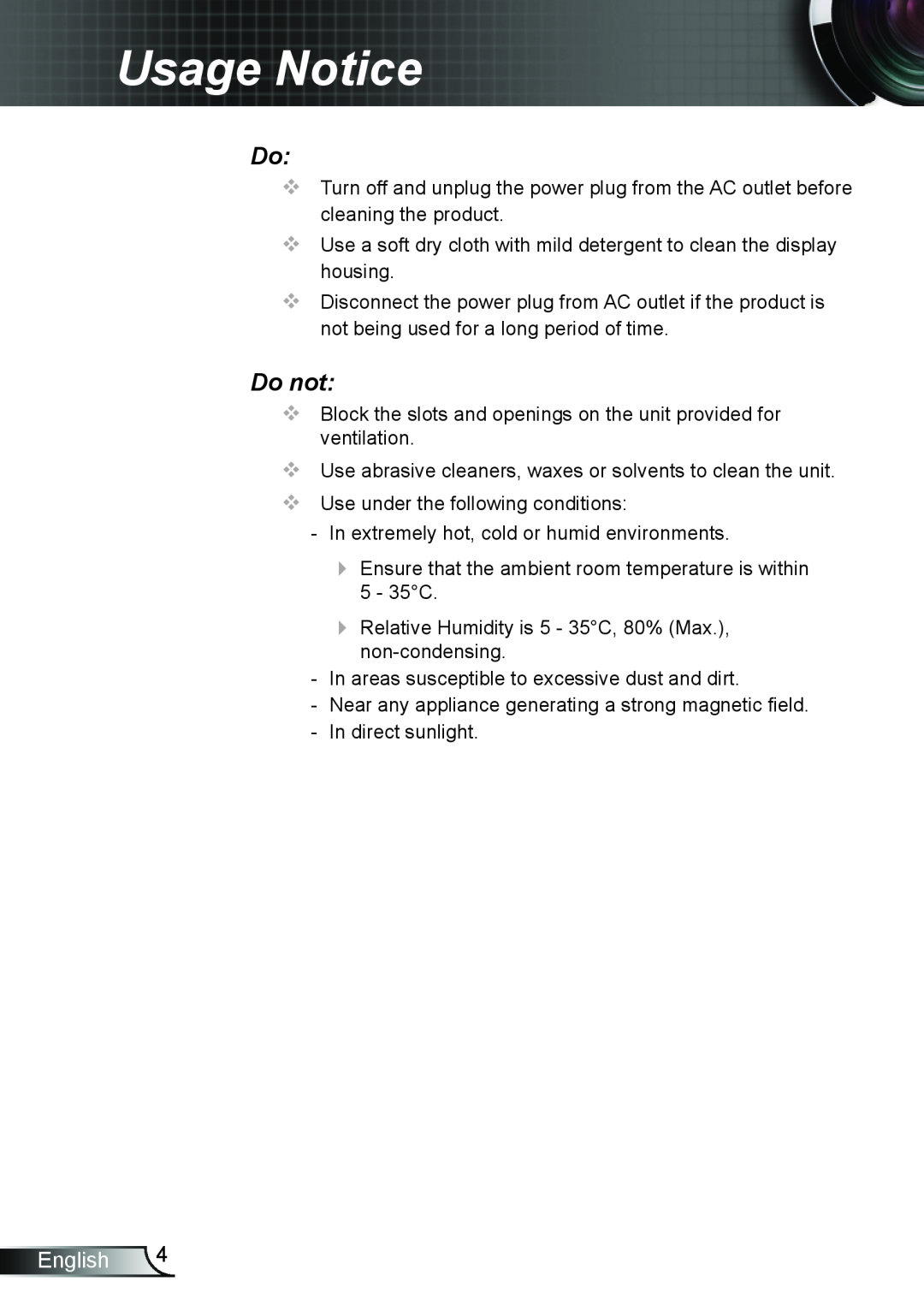 Optoma Technology TW695UT3D manual Usage Notice, Do not, English 