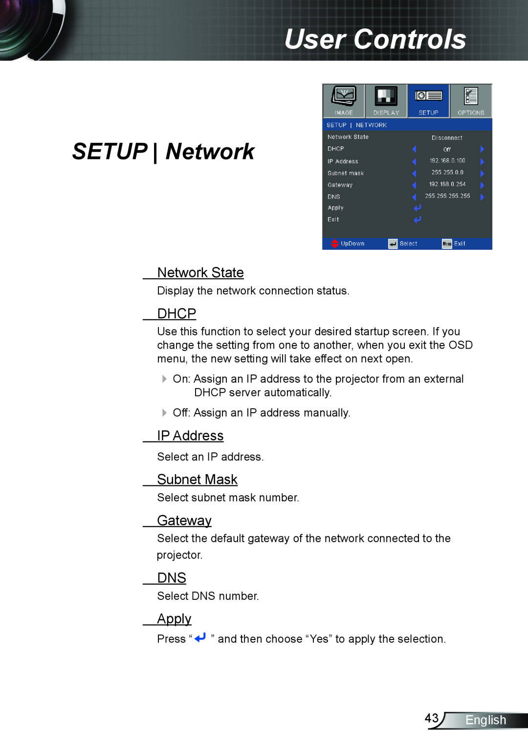 Optoma Technology TW695UT3D manual SETUP Network, Network State, Dhcp, IP Address, Subnet Mask, Gateway, Apply, English 