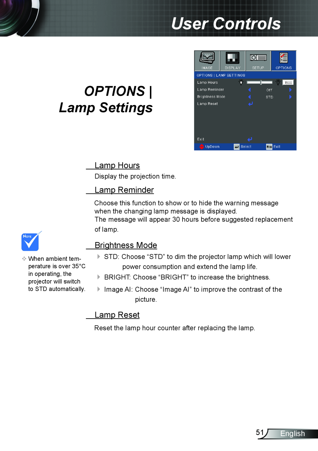 Optoma Technology TW695UT3D manual OPTIONS Lamp Settings, Lamp Hours, Lamp Reminder, Brightness Mode, Lamp Reset, English 