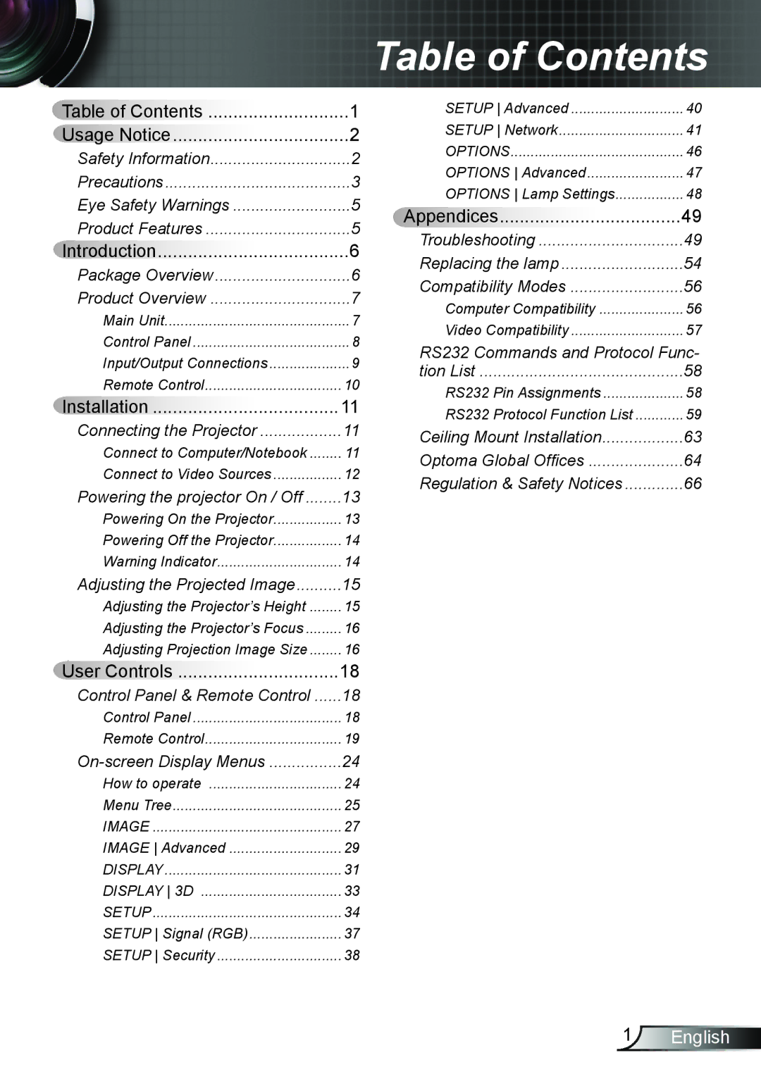 Optoma Technology TW762GOV manual Table of Contents 