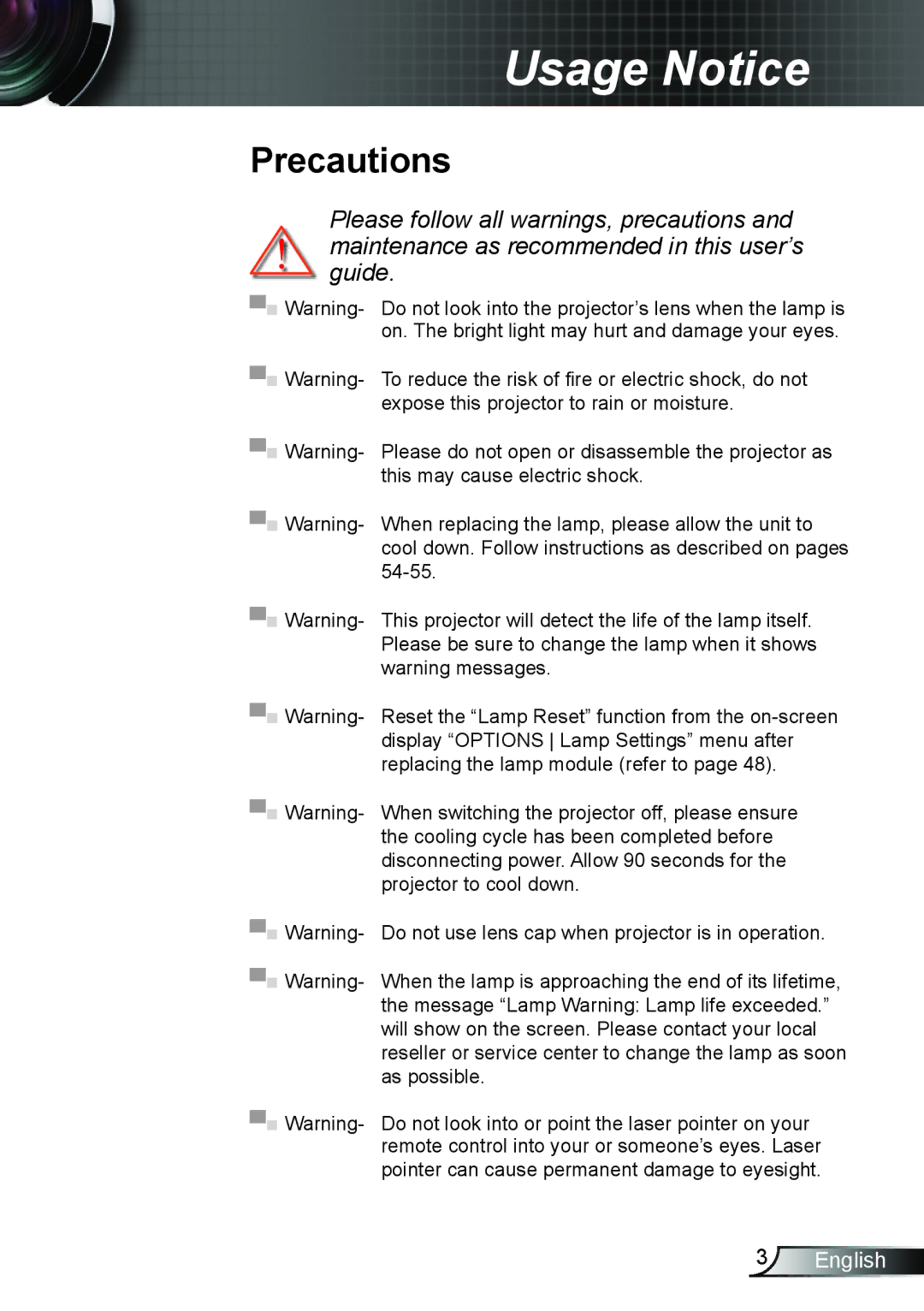 Optoma Technology TW762GOV manual Precautions 