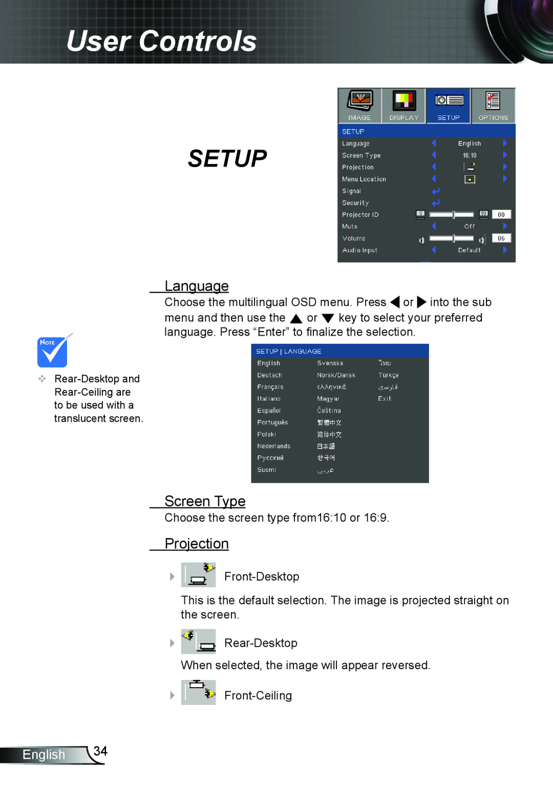 Optoma Technology TW762GOV manual Language, Screen Type, Projection 