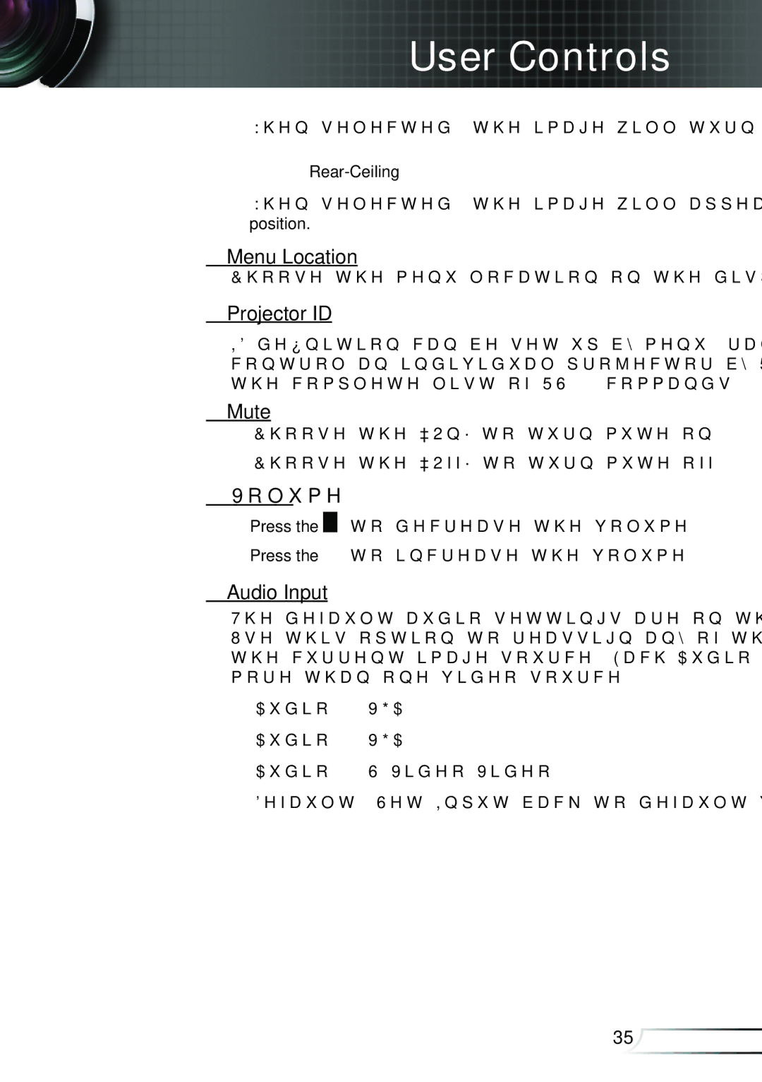 Optoma Technology TW762GOV manual Menu Location, Projector ID, Mute, Volume, Audio Input 