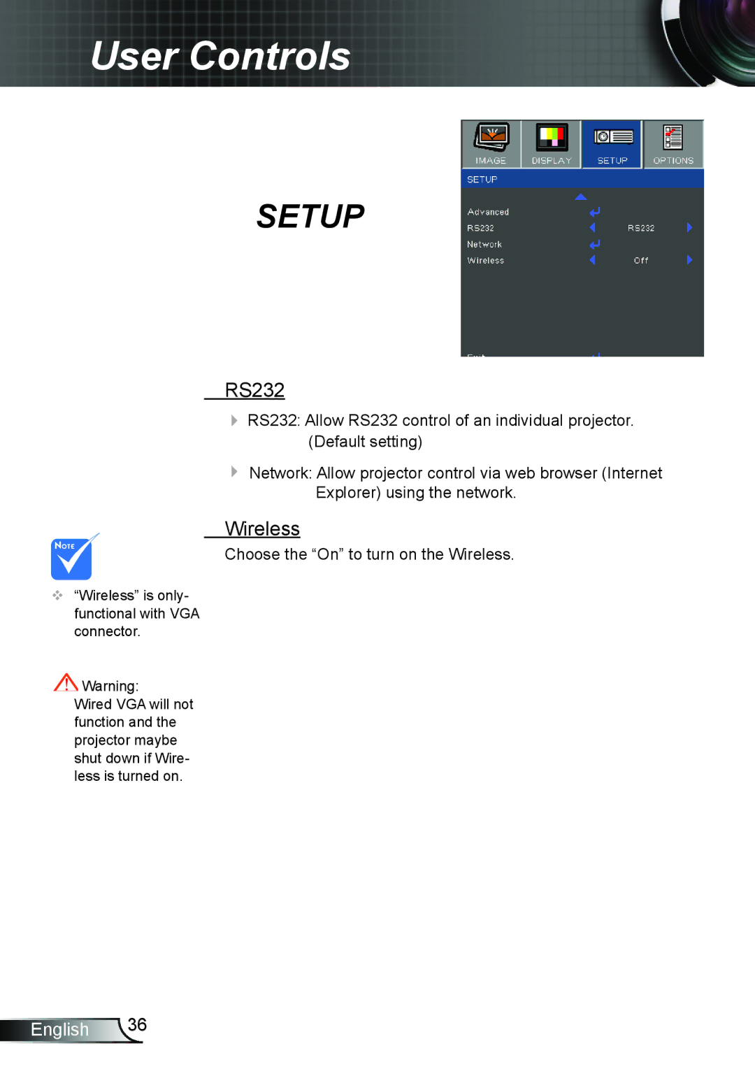 Optoma Technology TW762GOV manual RS232, Wireless 