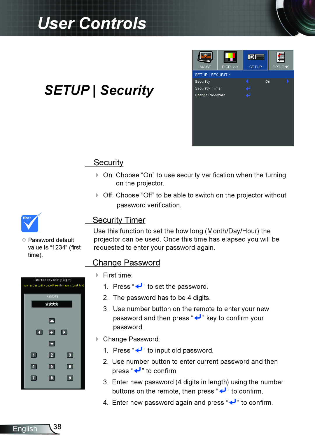 Optoma Technology TW762GOV manual Security Timer, Change Password 