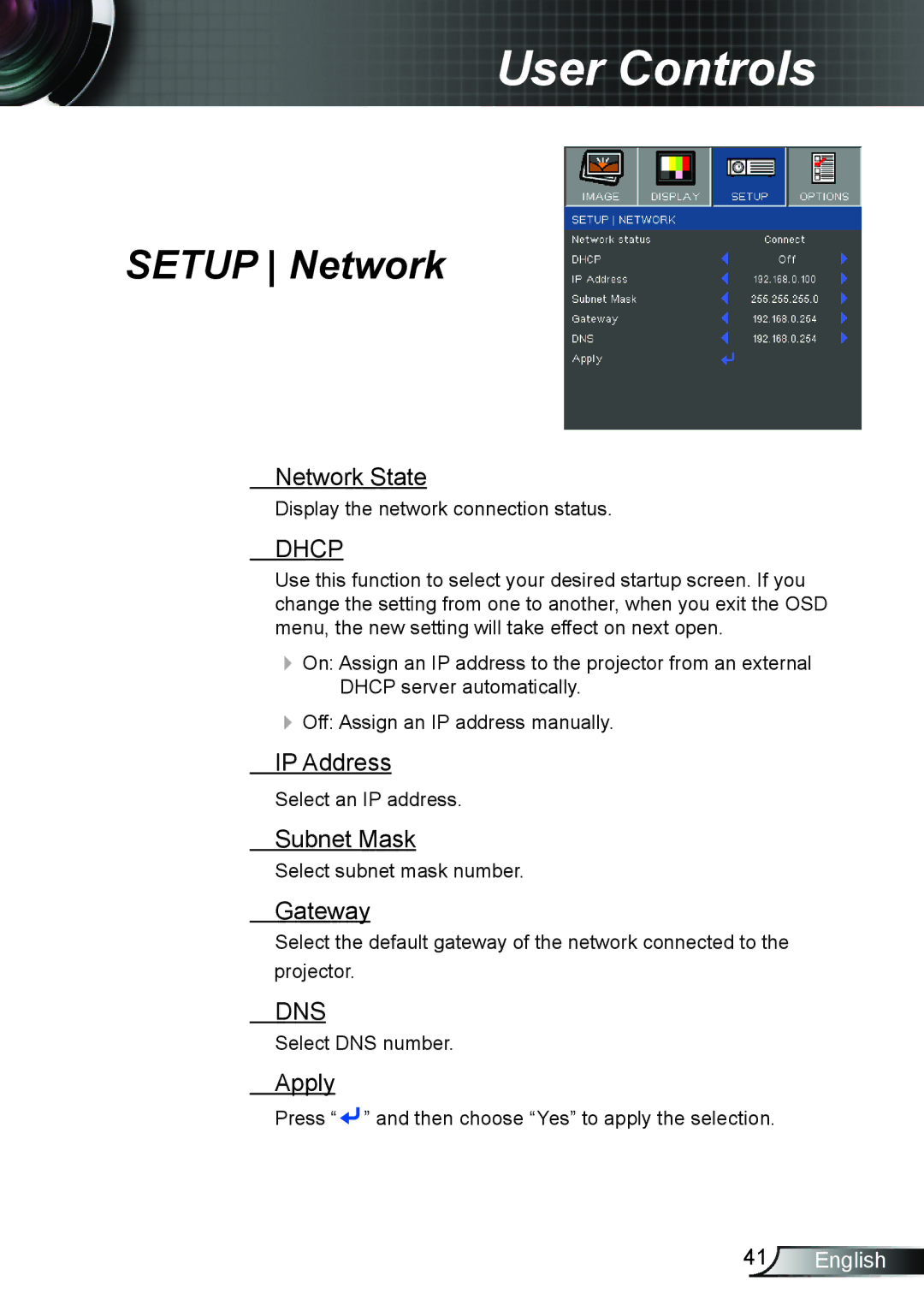 Optoma Technology TW762GOV manual Network State, IP Address, Subnet Mask, Gateway, Apply 