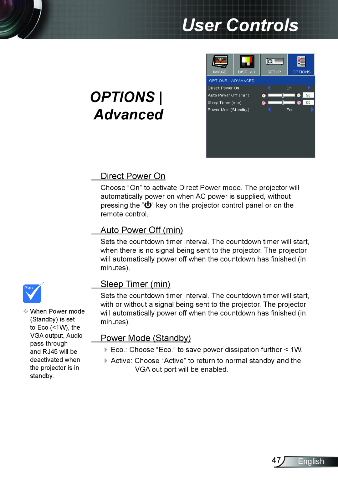 Optoma Technology TW762GOV manual Direct Power On, Auto Power Off min, Sleep Timer min, Power Mode Standby 