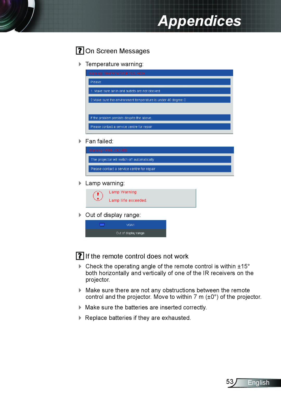 Optoma Technology TW762GOV manual On Screen Messages 