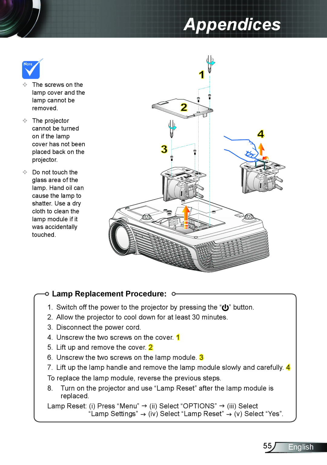 Optoma Technology TW762GOV manual Lamp Replacement Procedure 