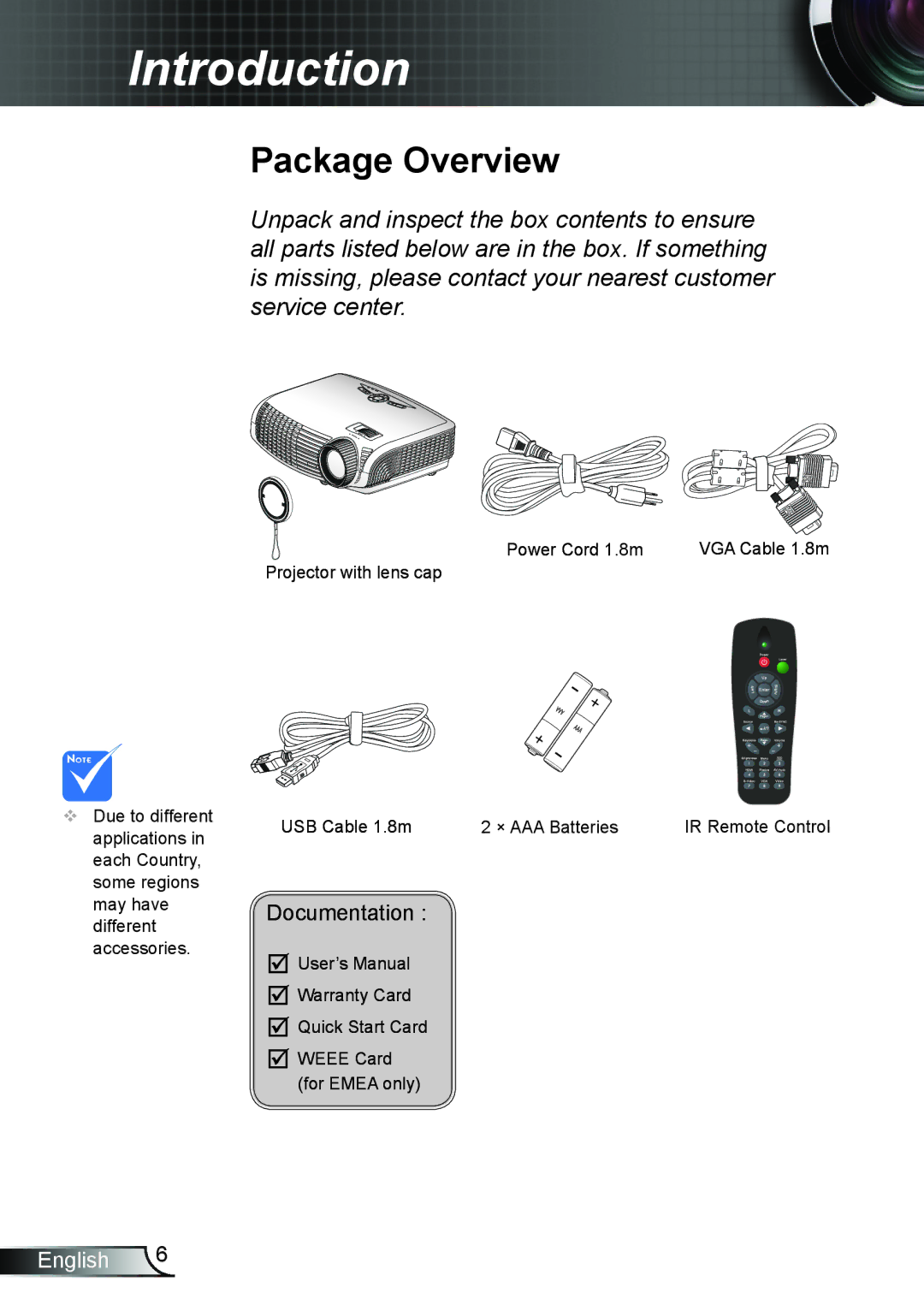 Optoma Technology TW762GOV manual Introduction, Package Overview 