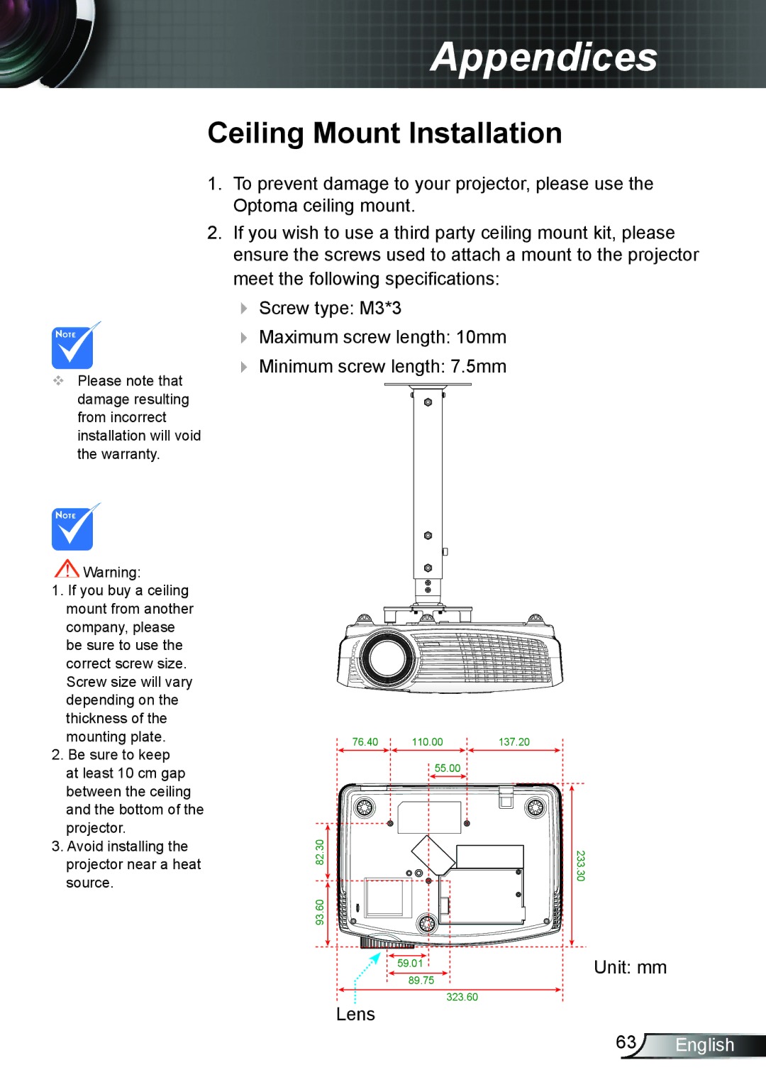 Optoma Technology TW762GOV manual Ceiling Mount Installation 