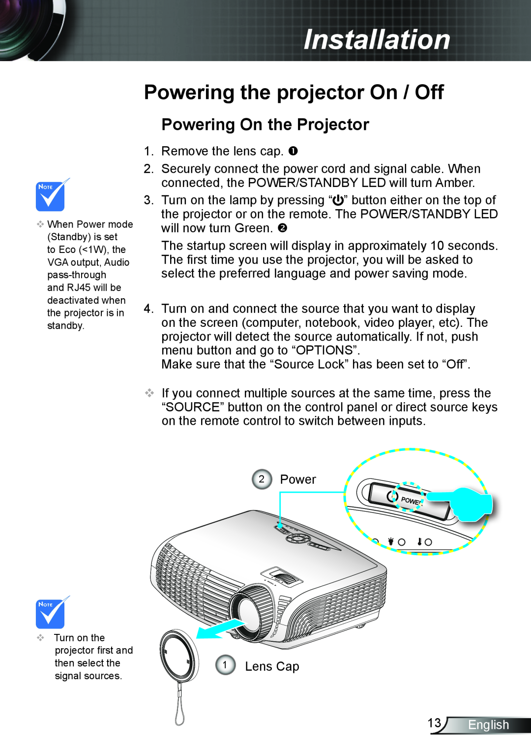 Optoma Technology TW762GOV manual Powering the projector On / Off, Powering On the Projector, English, Installation 
