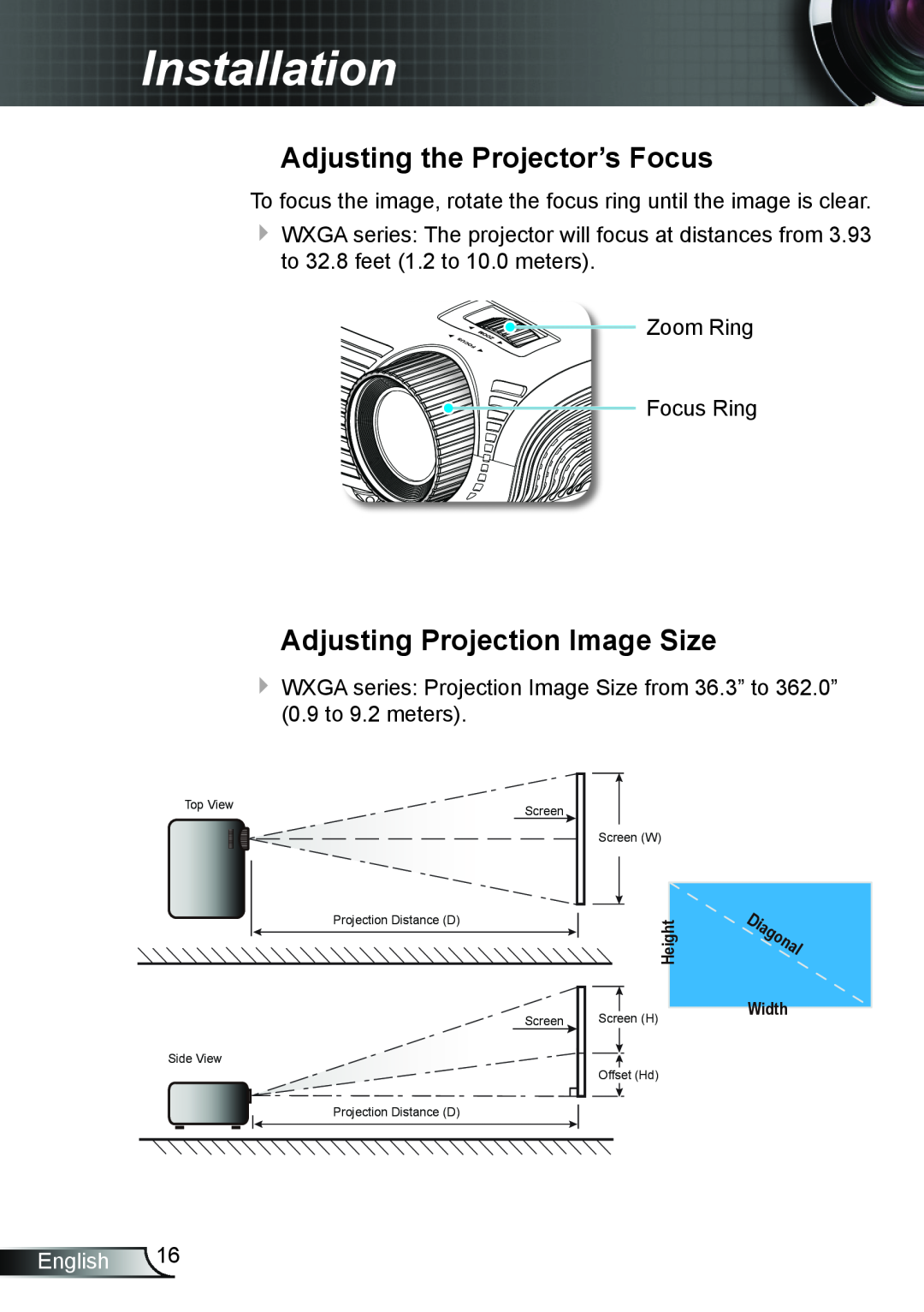 Optoma Technology TW762GOV Adjusting the Projector’s Focus, Adjusting Projection Image Size, Installation, English 