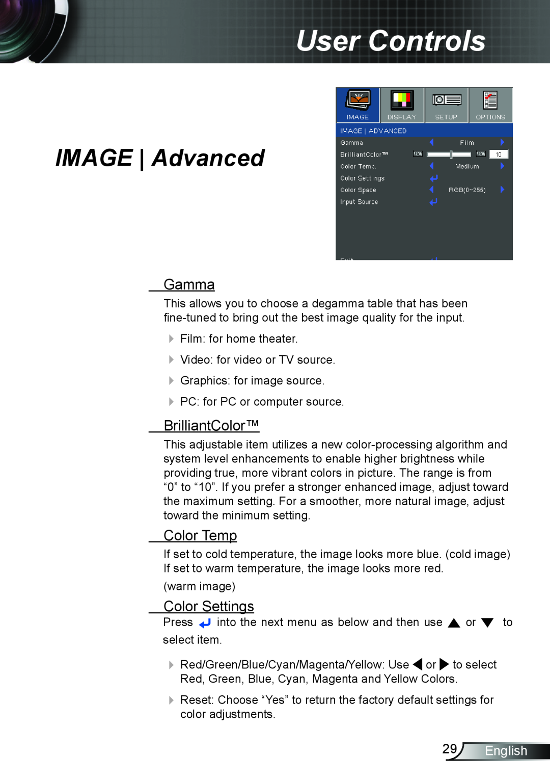 Optoma Technology TW762GOV manual IMAGE Advanced, Gamma, BrilliantColor, Color Temp, Color Settings, English, User Controls 