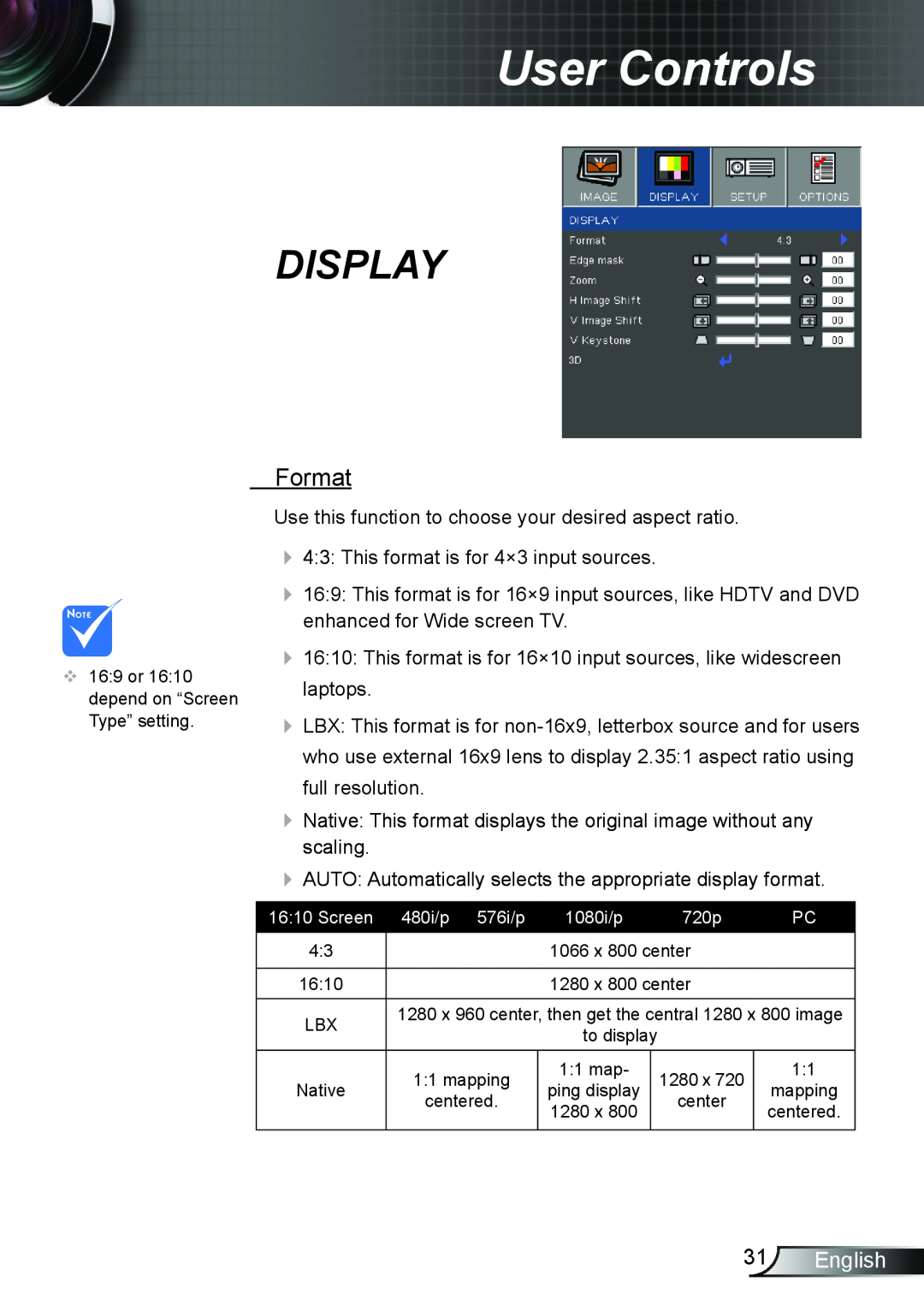 Optoma Technology TW762GOV manual Display, Format, English, User Controls 