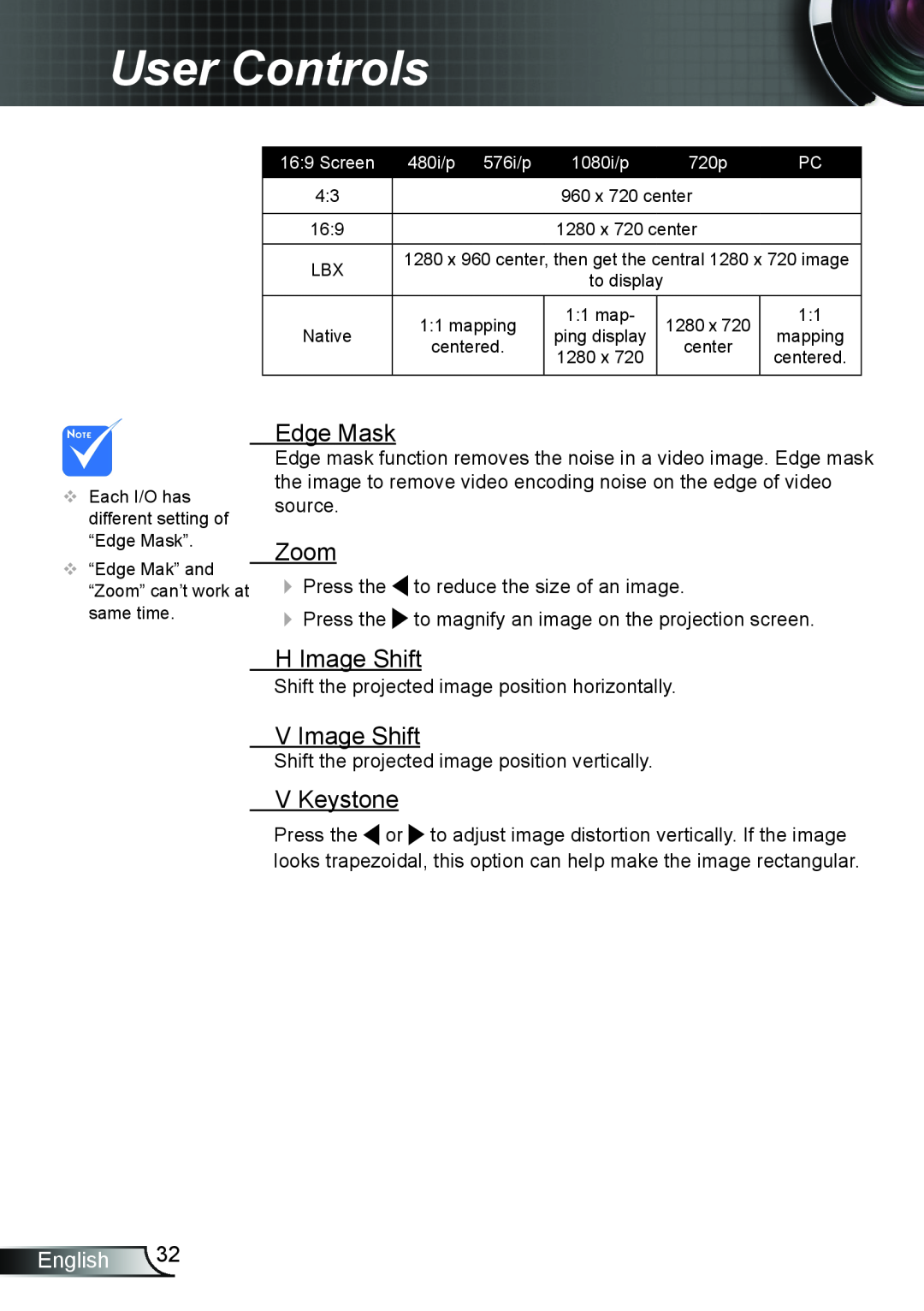 Optoma Technology TW762GOV manual Edge Mask, Zoom, H Image Shift, V Image Shift, V Keystone, User Controls, English 