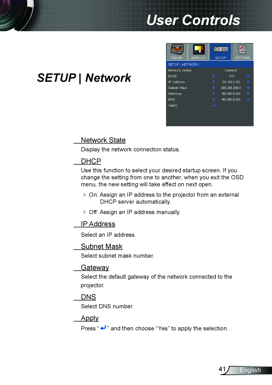 Optoma Technology TW762GOV manual SETUP Network, Network State, Dhcp, IP Address, Subnet Mask, Gateway, Apply, English 
