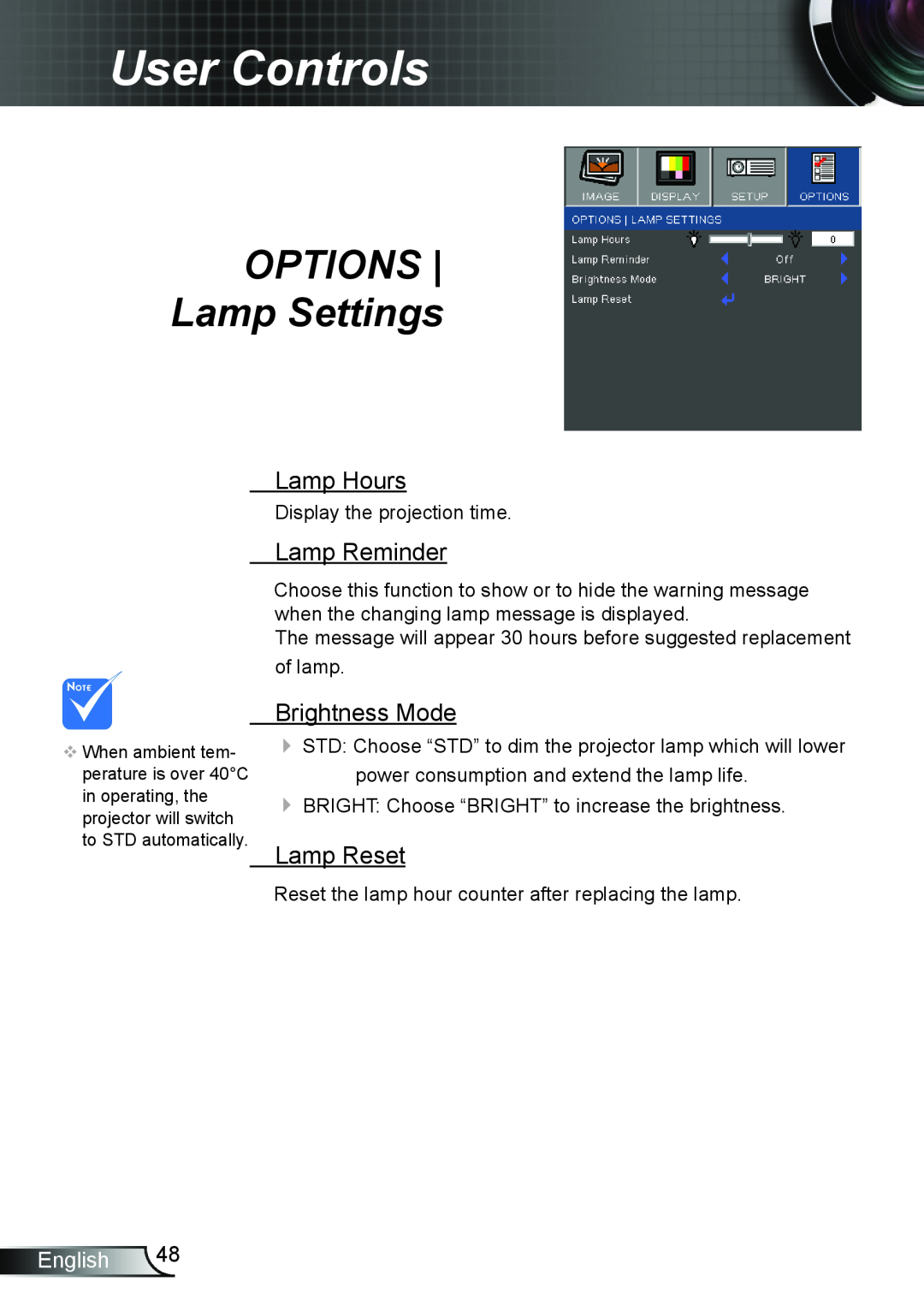 Optoma Technology TW762 manual OPTIONS Lamp Settings, Lamp Hours, Lamp Reminder, Brightness Mode, Lamp Reset, User Controls 