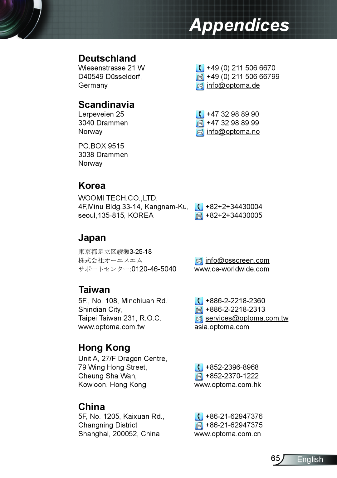 Optoma Technology TW762GOV manual Deutschland, Scandinavia, Korea, Japan, Taiwan, Hong Kong, China, English, Appendices 