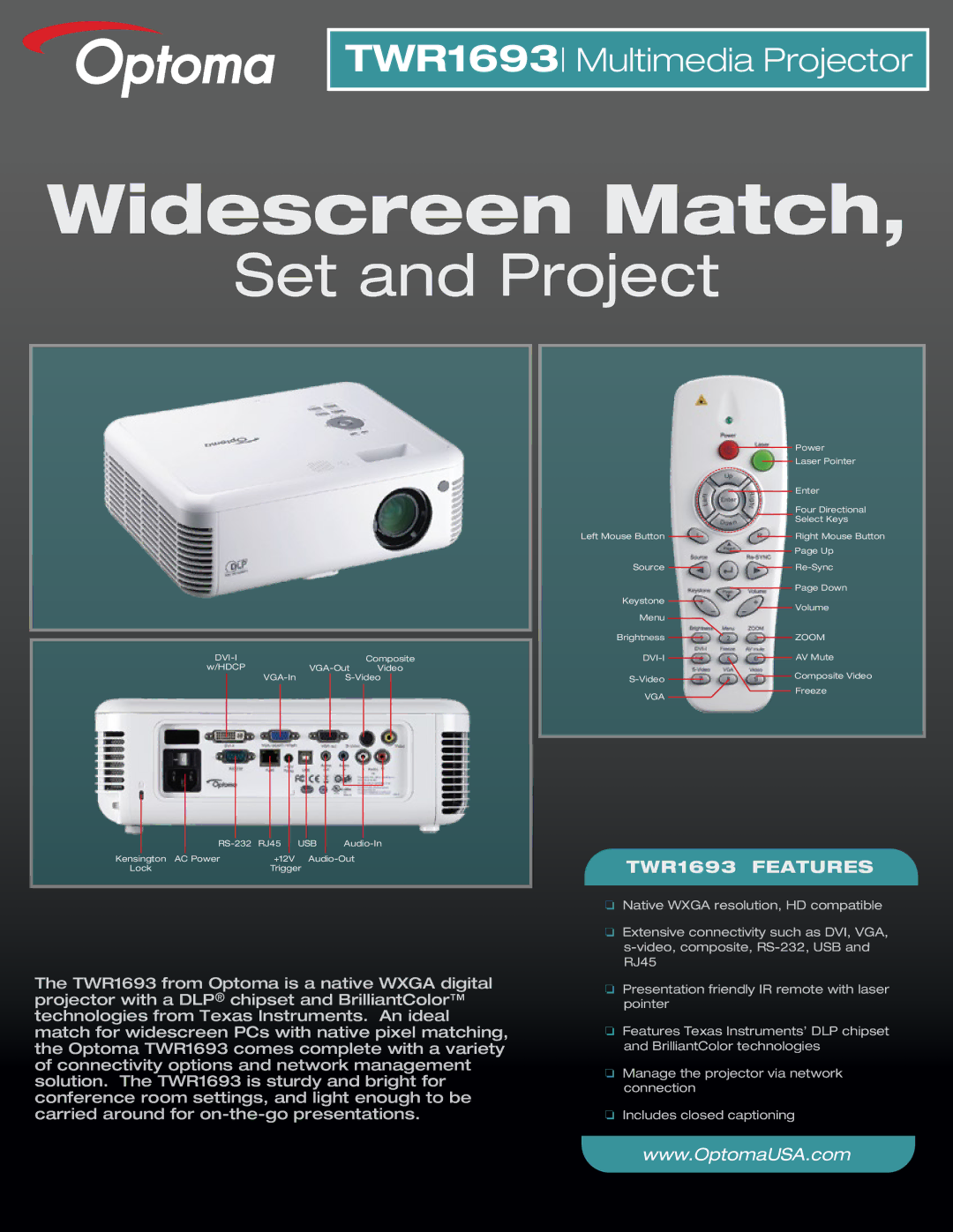 Optoma Technology manual Widescreen Match, Set and Project, TWR1693 Features 