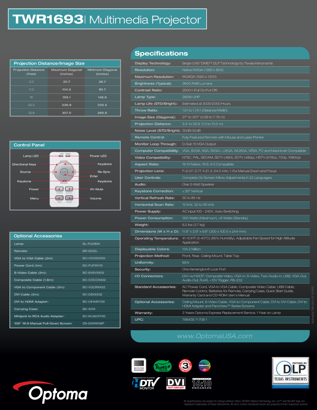 Optoma Technology TWR1693 manual Specifications, Projection Distance/Image Size, Control Panel, Optional Accessories, Upc 