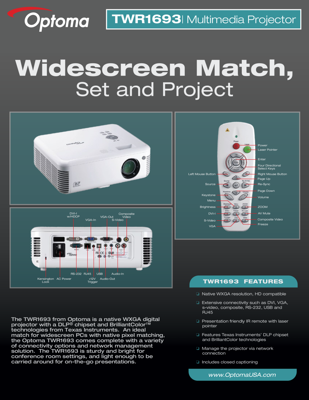 Optoma Technology manual TWR1693 Multimedia Projector, Widescreen Match, Set and Project, TWR1693 FEATURES 