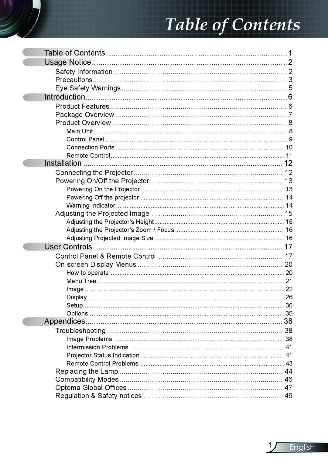 Optoma Technology TX330 manual Table of Contents 