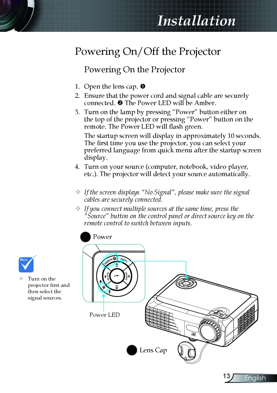 Optoma Technology TX330 manual Powering On/Off the Projector, Powering On the Projector, Lens Cap 