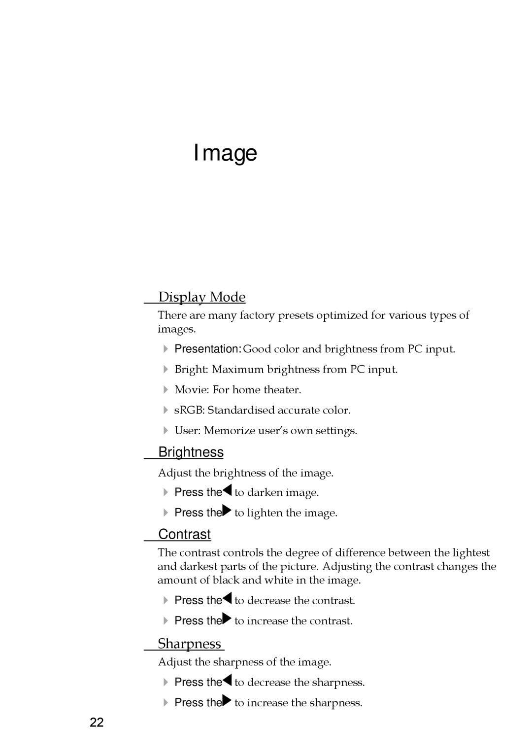 Optoma Technology TX330 manual Image, Display Mode, Brightness, Contrast, Sharpness 