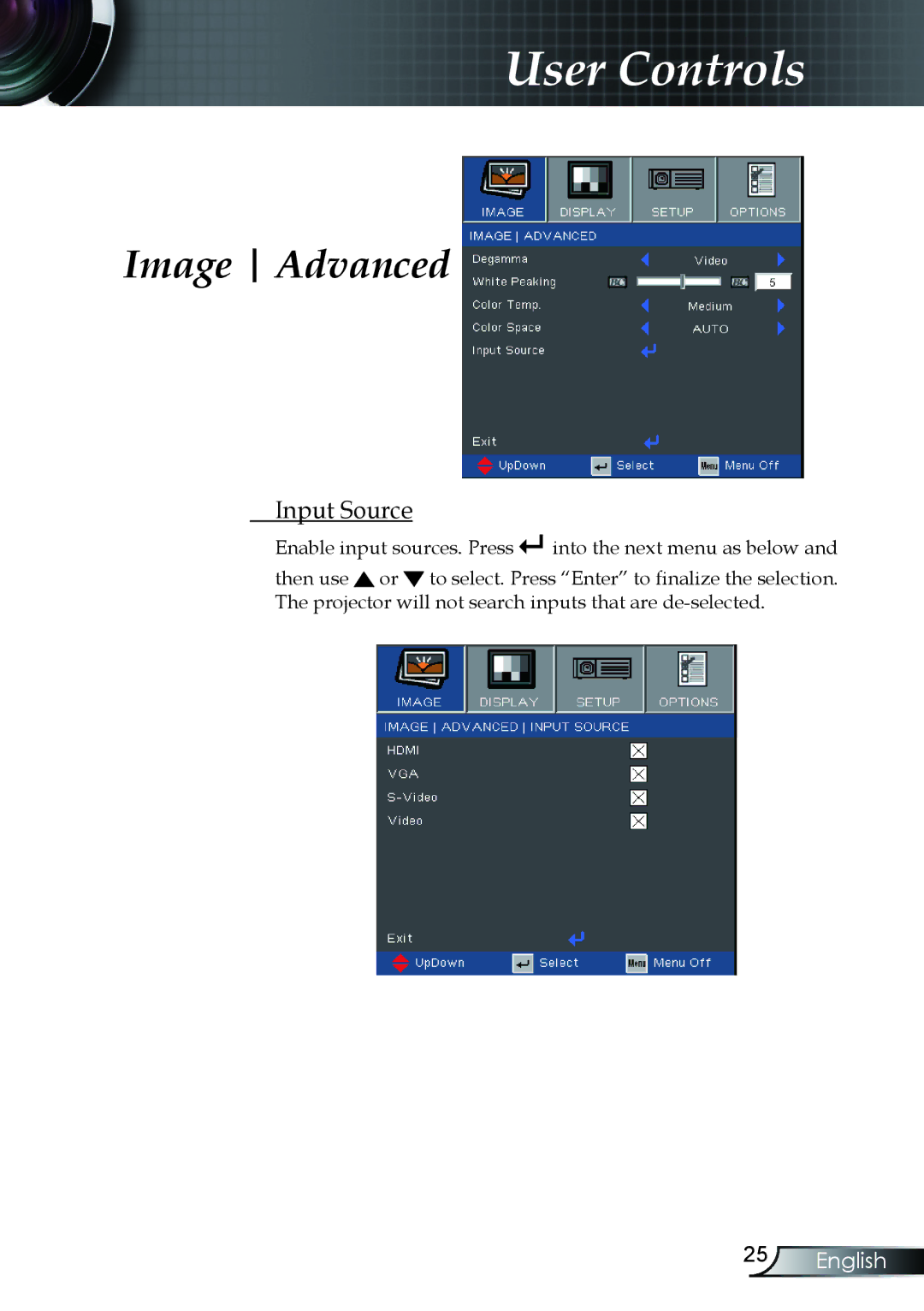 Optoma Technology TX330 manual Input Source, Enable input sources. Press into the next menu as below 