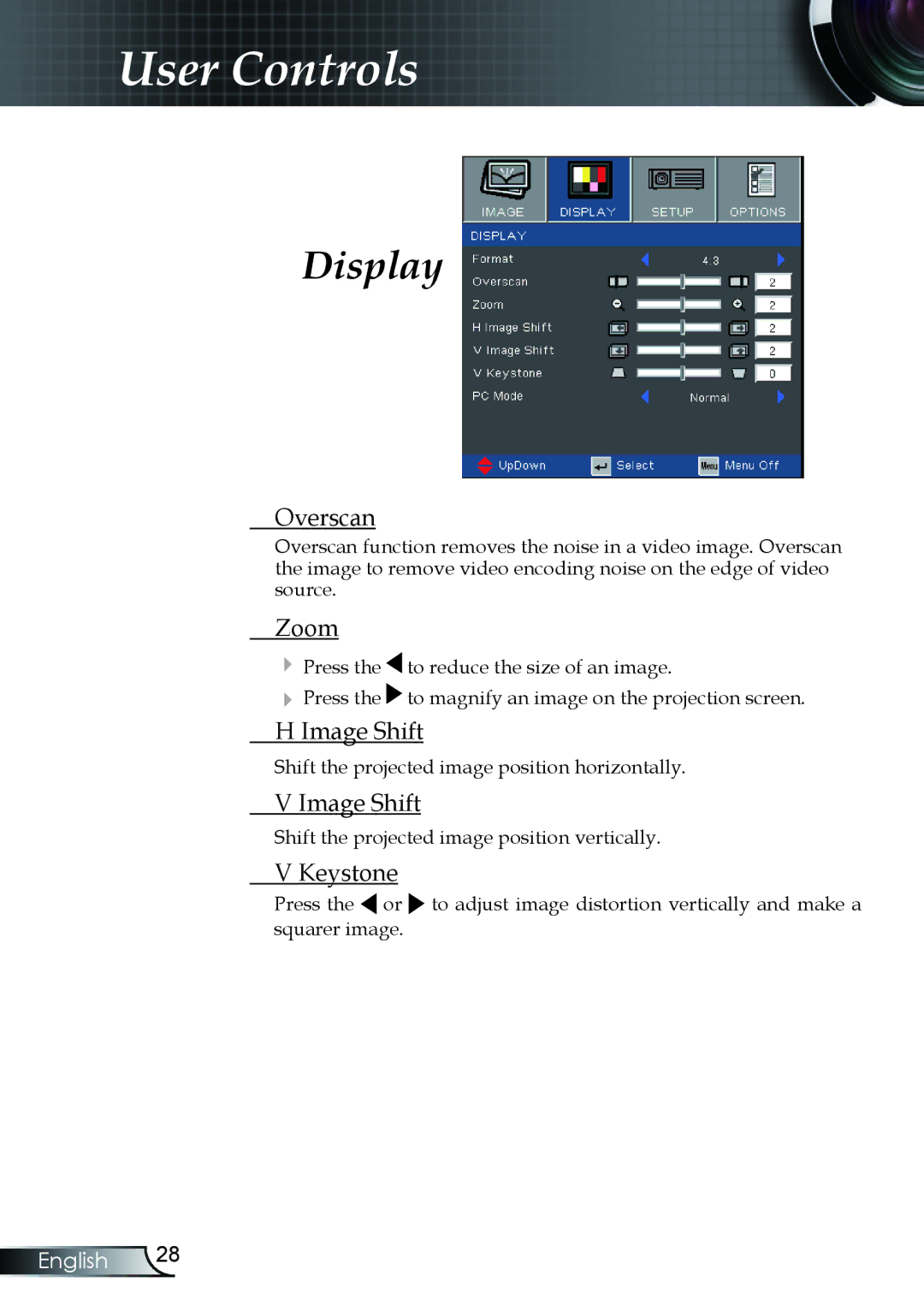 Optoma Technology TX330 manual Overscan, Zoom, Image Shift, Keystone 