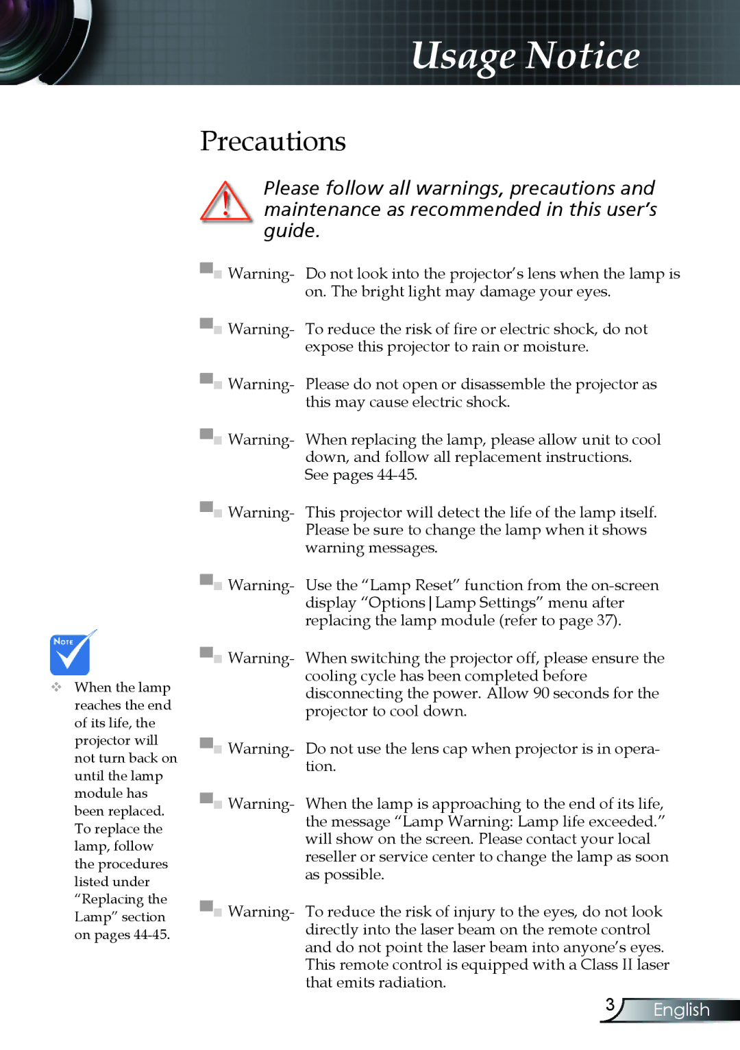 Optoma Technology TX330 manual Precautions 