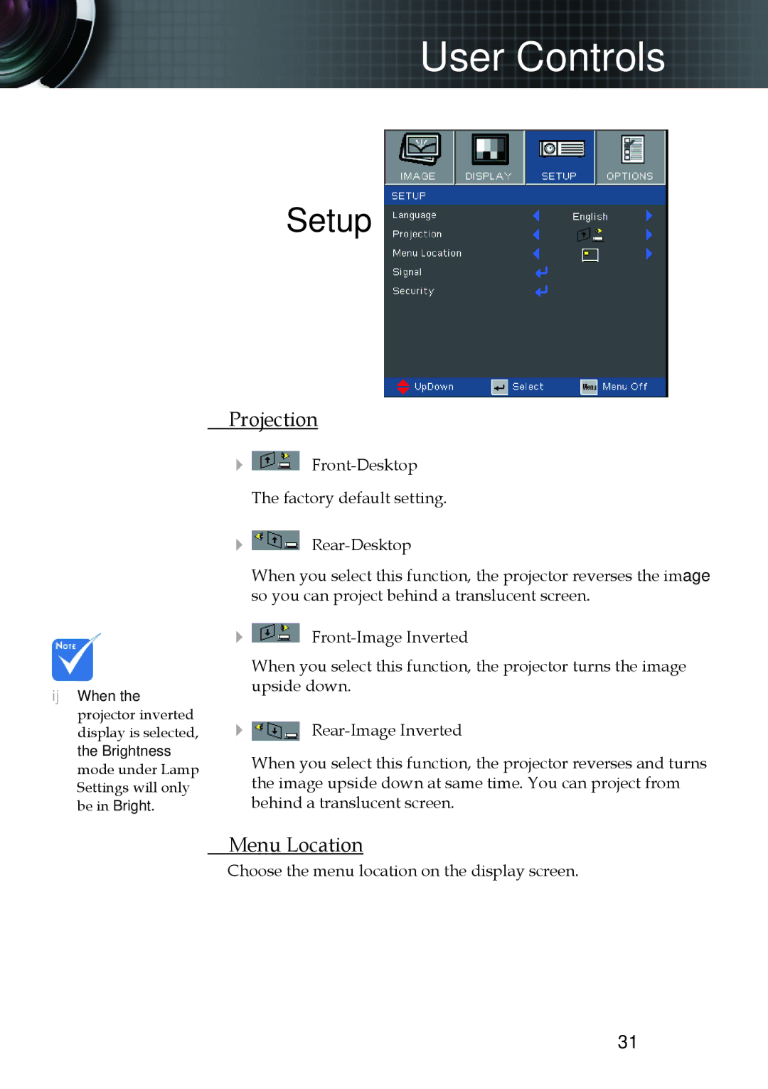 Optoma Technology TX330 manual Projection, Menu Location 