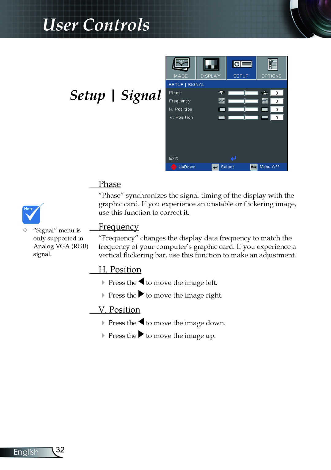 Optoma Technology TX330 manual Setup Signal, Phase, Frequency, Position 