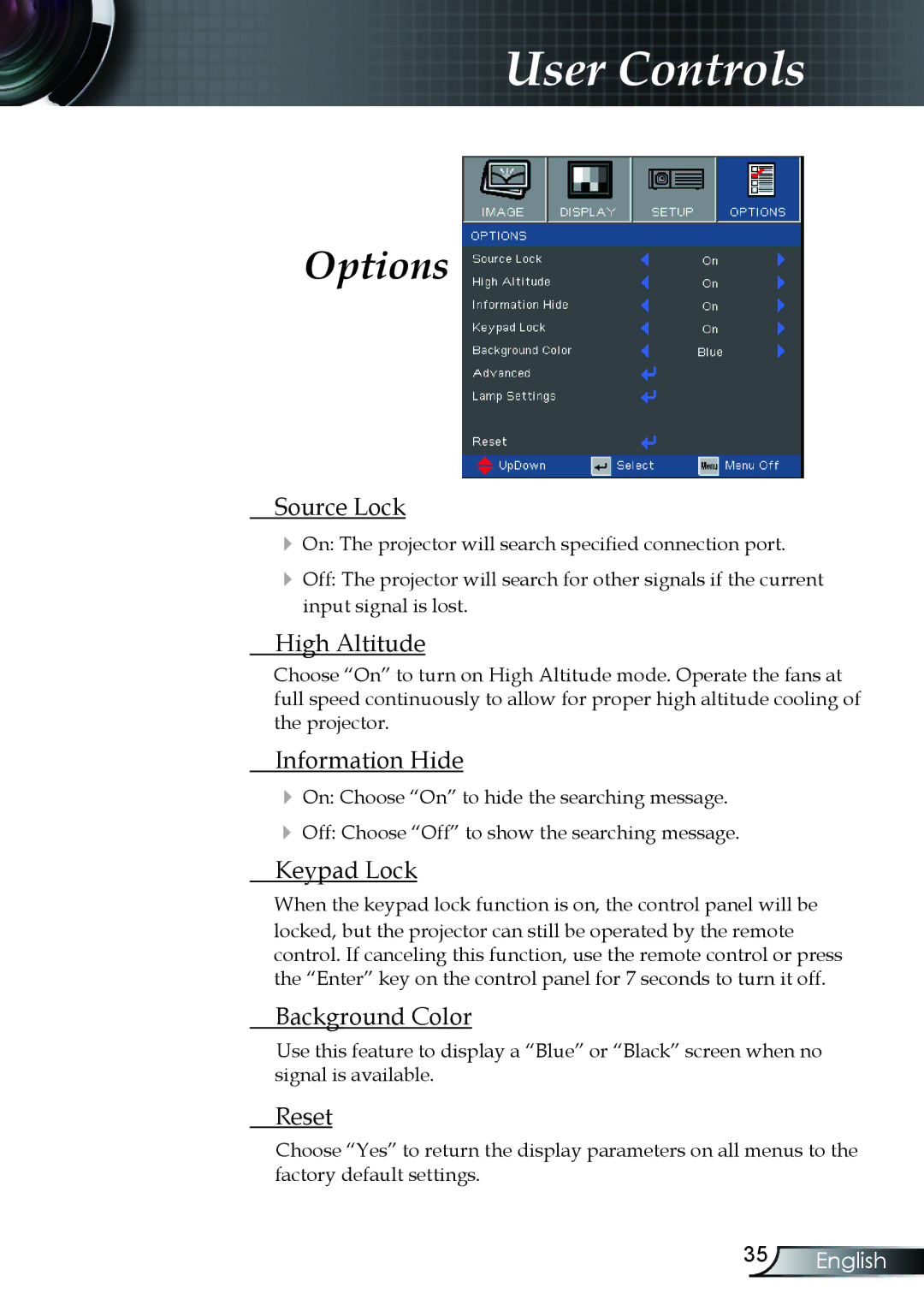 Optoma Technology TX330 manual Options 