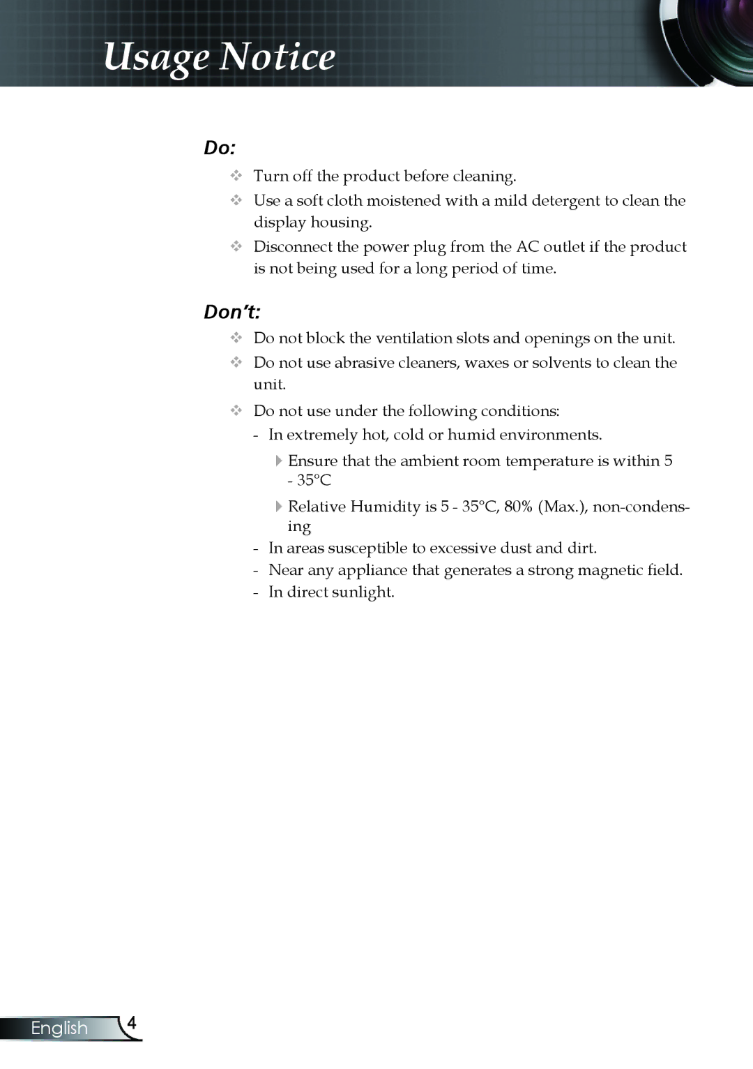 Optoma Technology TX330 manual Don’t 