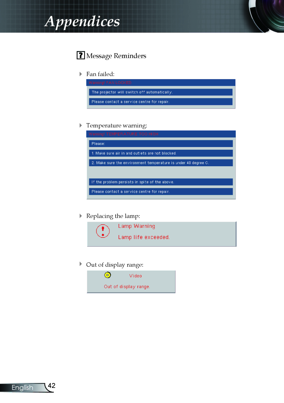 Optoma Technology TX330 manual Message Reminders 