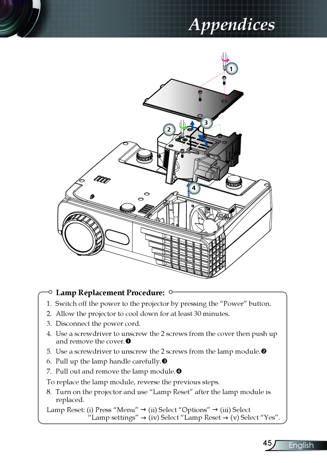 Optoma Technology TX330 manual Lamp Replacement Procedure 