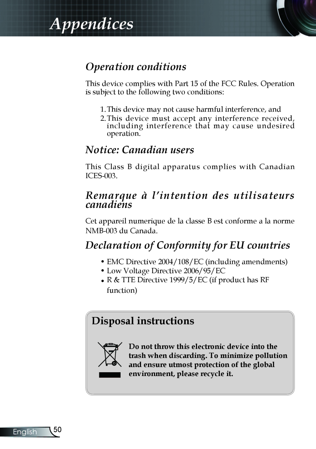 Optoma Technology TX330 manual Remarque à l’intention des utilisateurs canadiens 