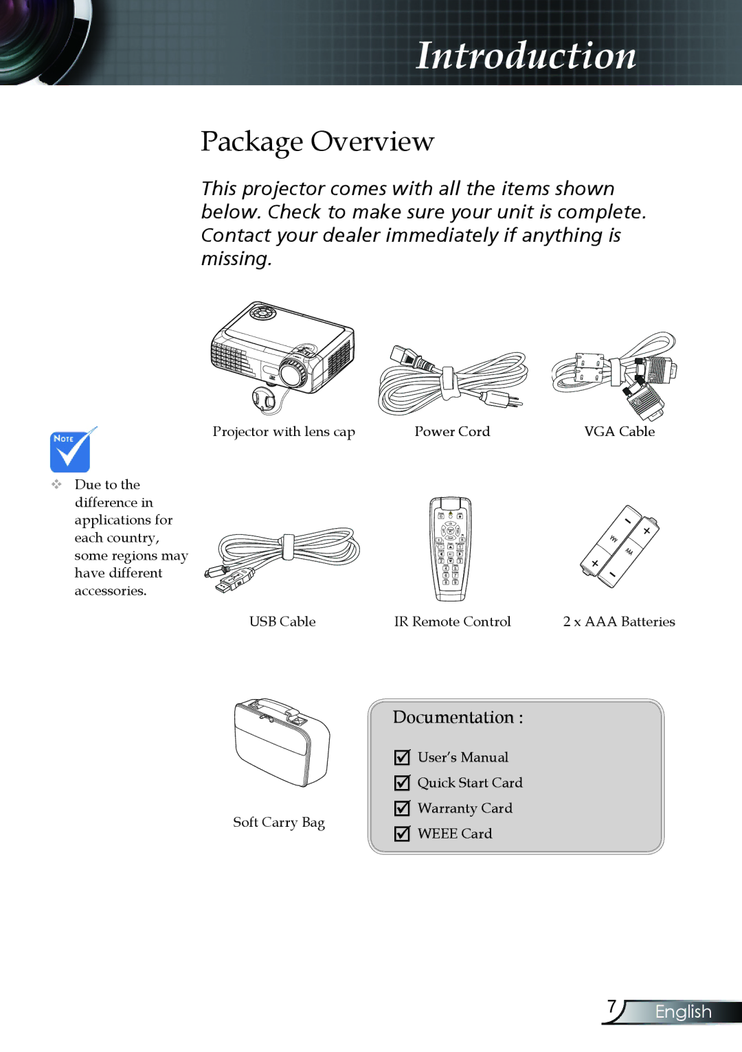 Optoma Technology TX330 manual Package Overview, Documentation 