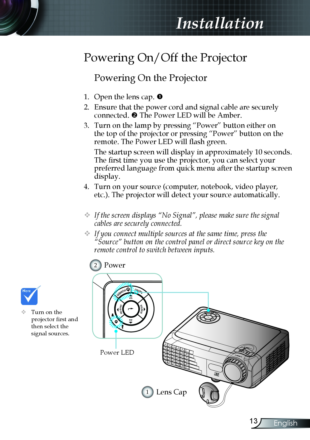 Optoma Technology TX330 manual Powering On/Off the Projector, Powering On the Projector, English, Installation 