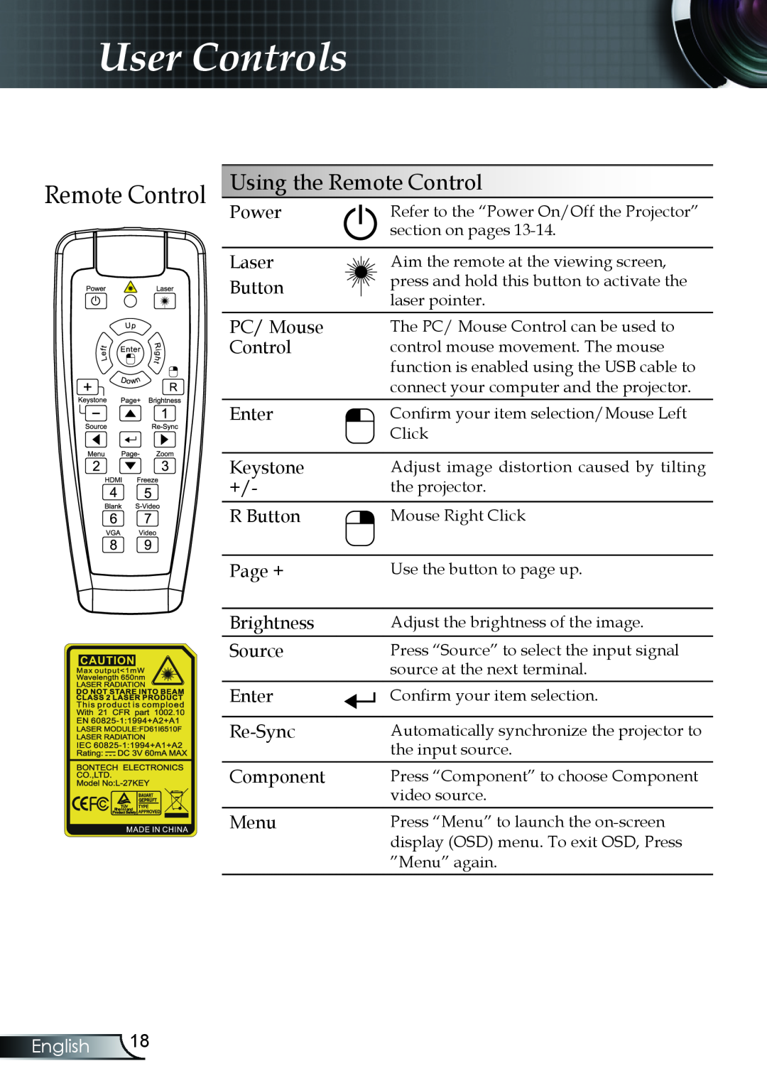 Optoma Technology TX330 manual Using the Remote Control, User Controls, English 