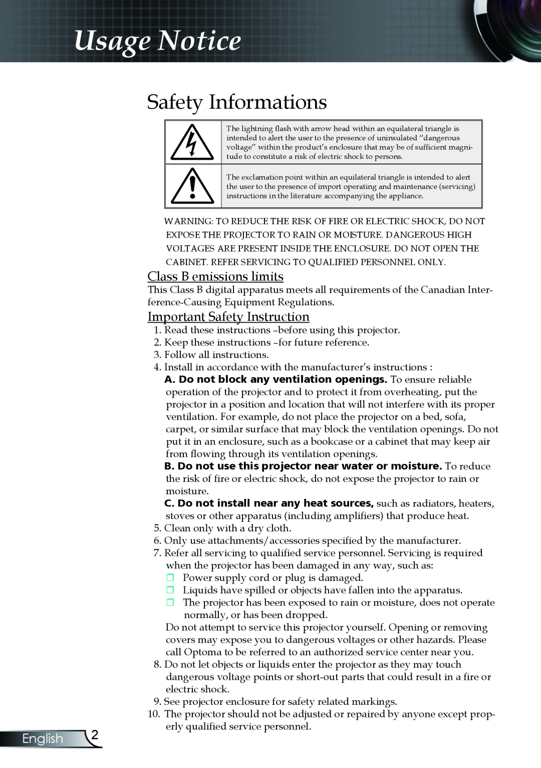Optoma Technology TX330 manual Usage Notice, Safety Informations, English, Class B emissions limits 