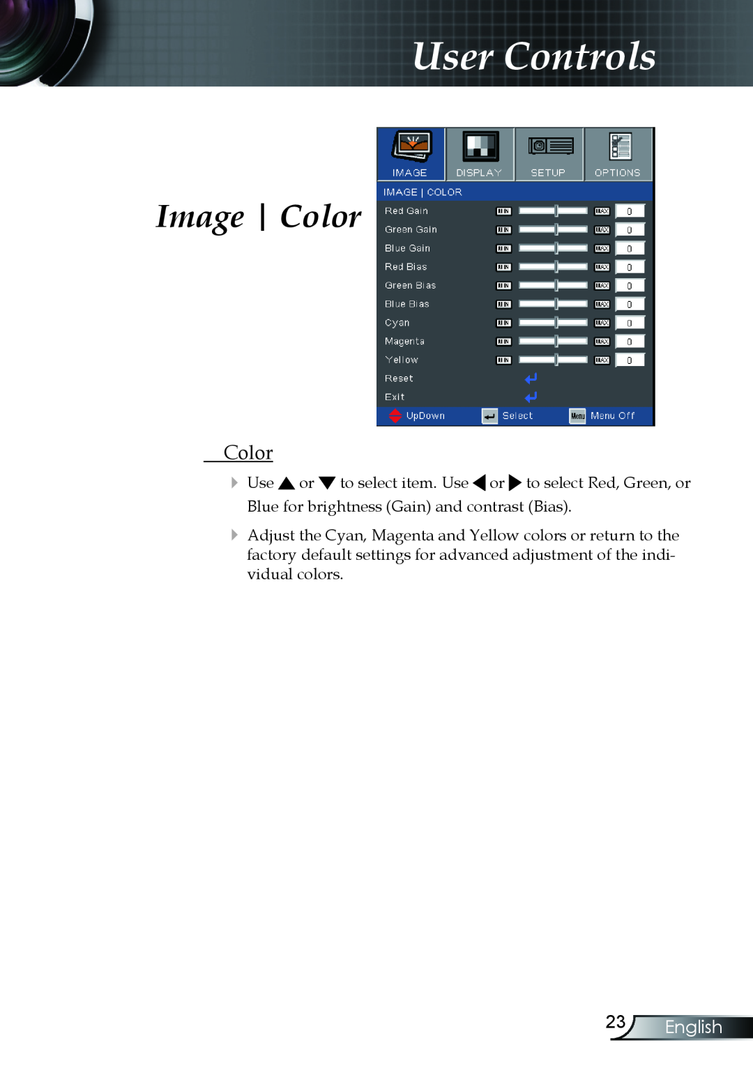 Optoma Technology TX330 manual Image Color, English, User Controls 