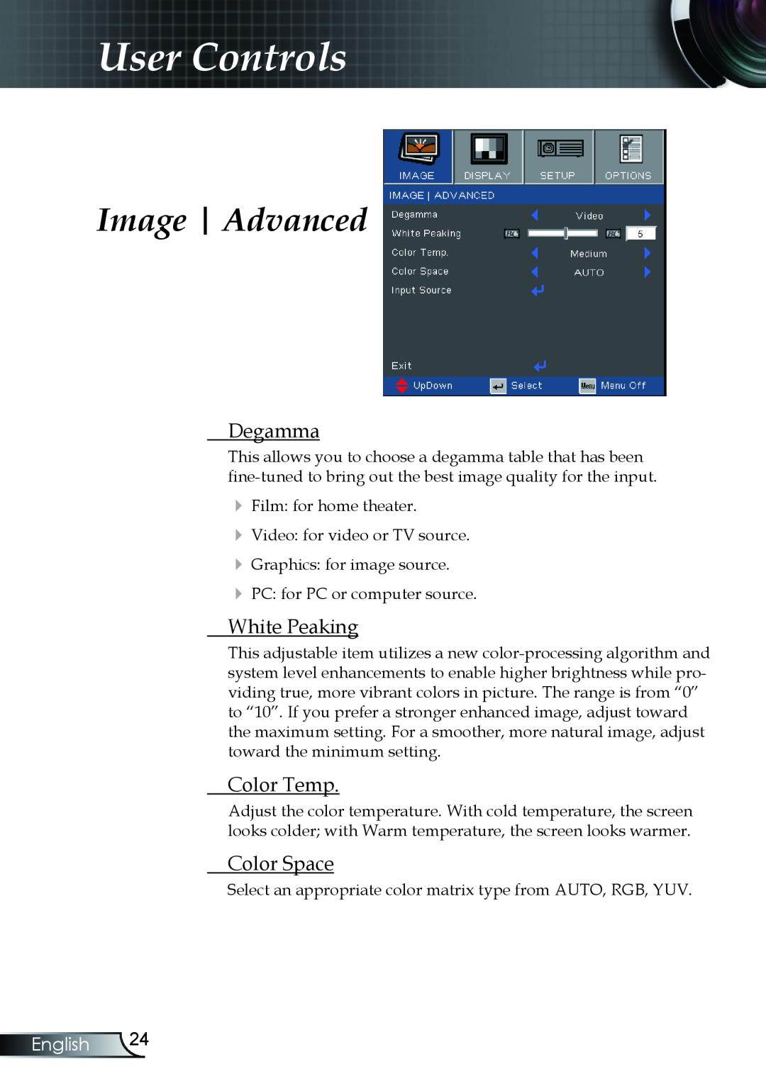 Optoma Technology TX330 manual Image Advanced, Degamma, White Peaking, Color Temp, Color Space, User Controls, English 