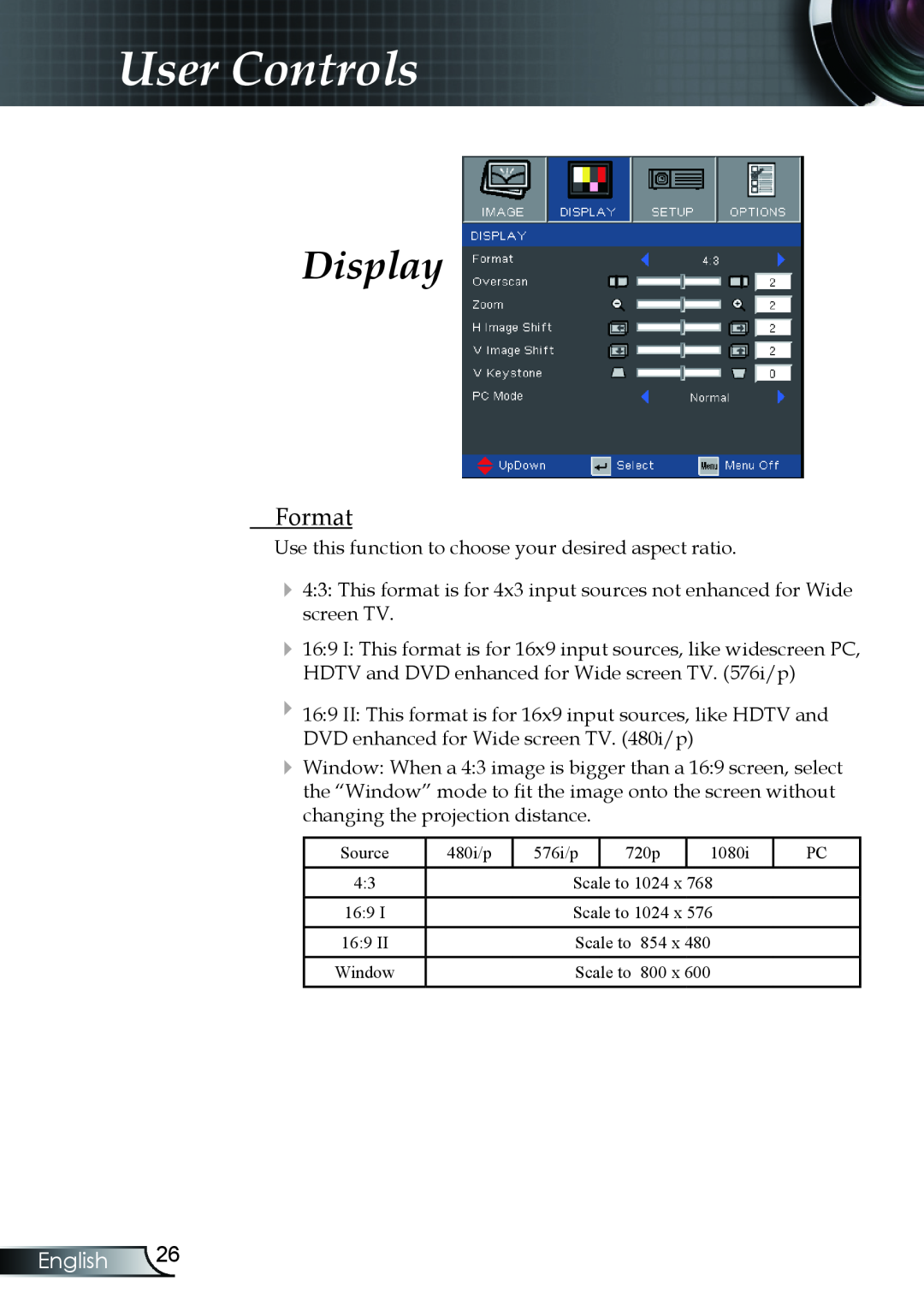 Optoma Technology TX330 manual Display, Format, User Controls, English 