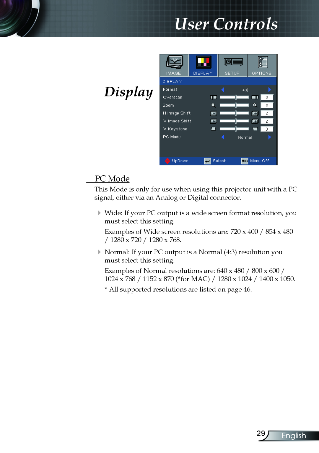 Optoma Technology TX330 manual PC Mode, English, User Controls, Display 