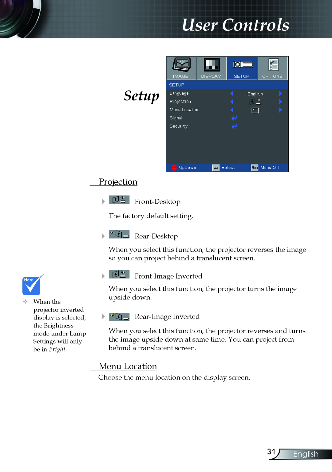 Optoma Technology TX330 manual Projection, Menu Location, English, User Controls, Setup 