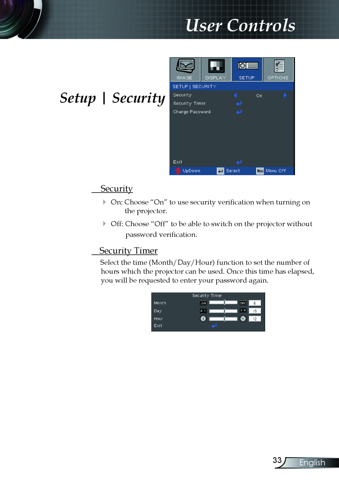 Optoma Technology TX330 manual Setup Security, Security Timer, English, User Controls 